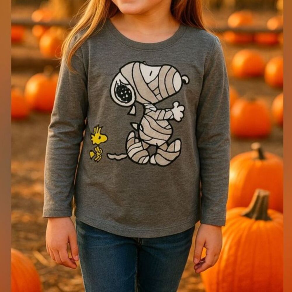 Peanuts Snoopy Mummy Halloween Gray Long Sleeve Tee Girls Size 7/8 Fall Top